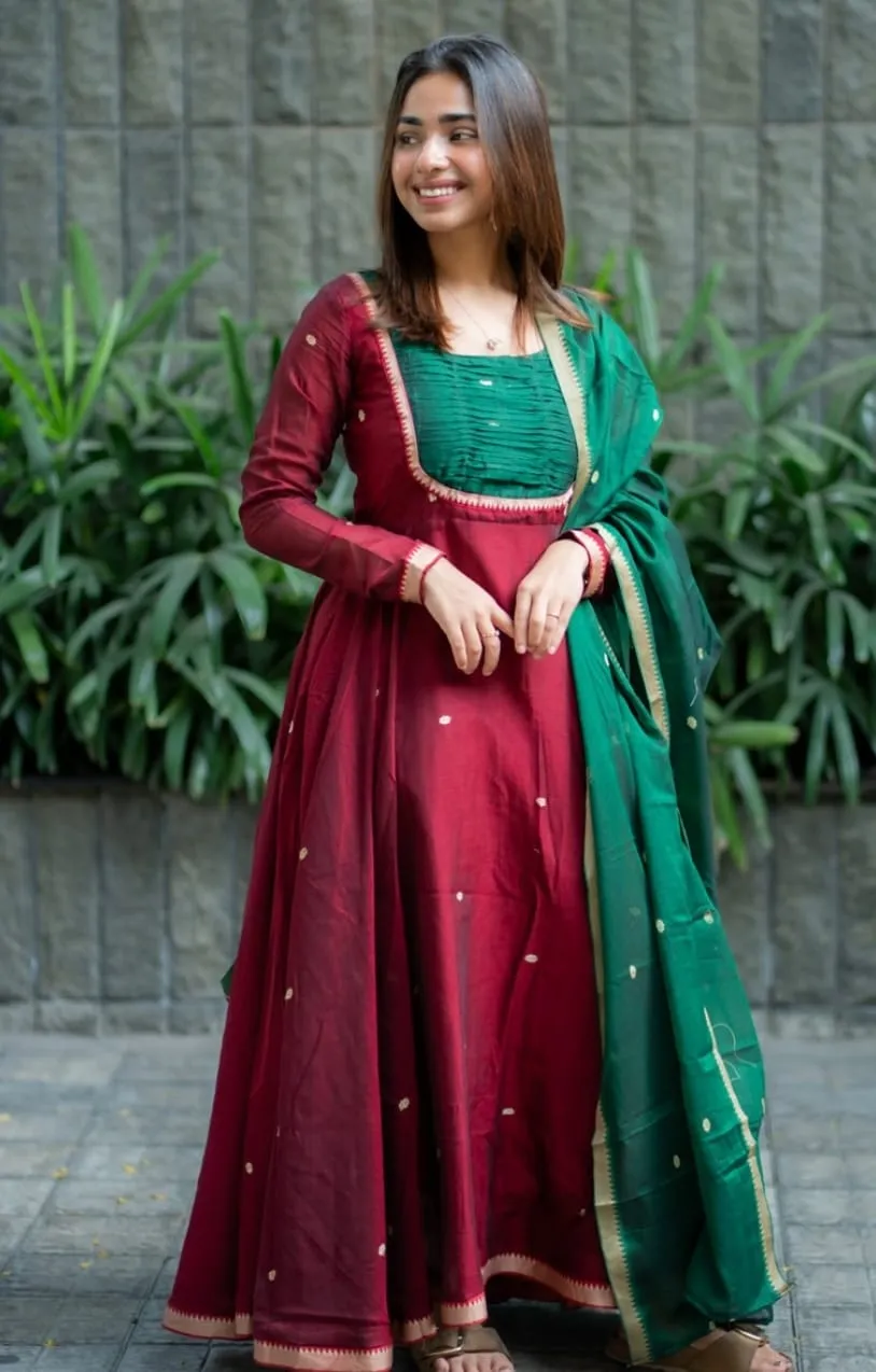 Ethnic Maroon Long Frock & Dupatta Set | Designer Party Wear