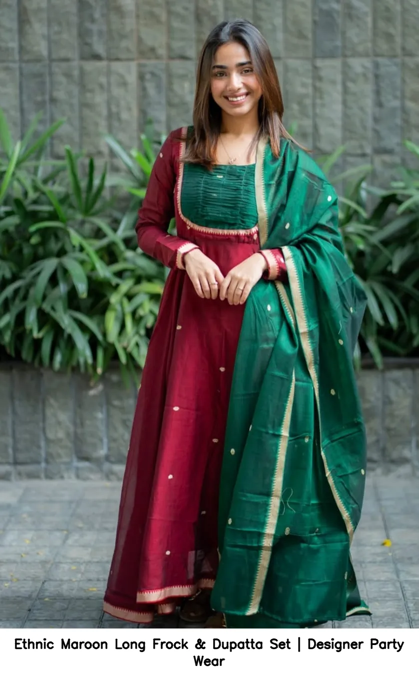 Ethnic Maroon Long Frock & Dupatta Set | Designer Party Wear 3