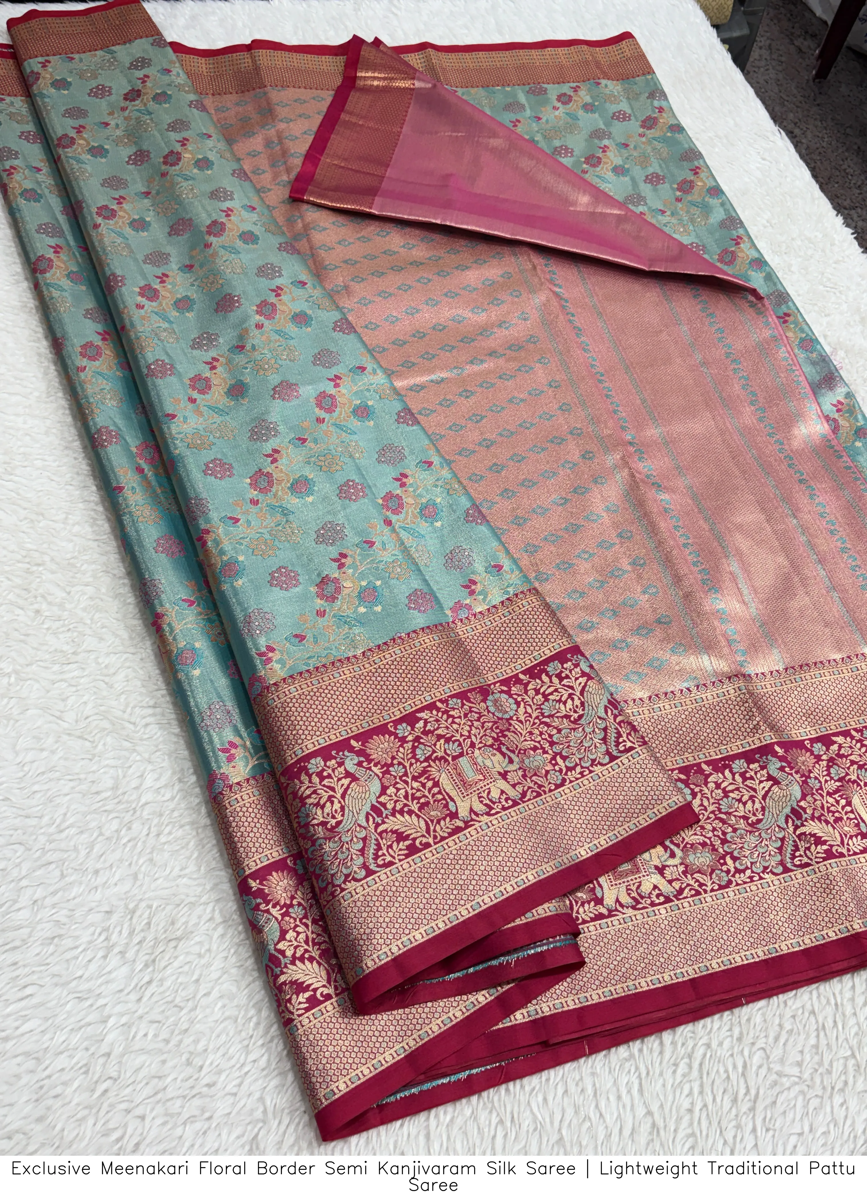 Exclusive Meenakari Floral Border Semi Kanjivaram Silk Saree | Lightweight Traditional Pattu Saree 10