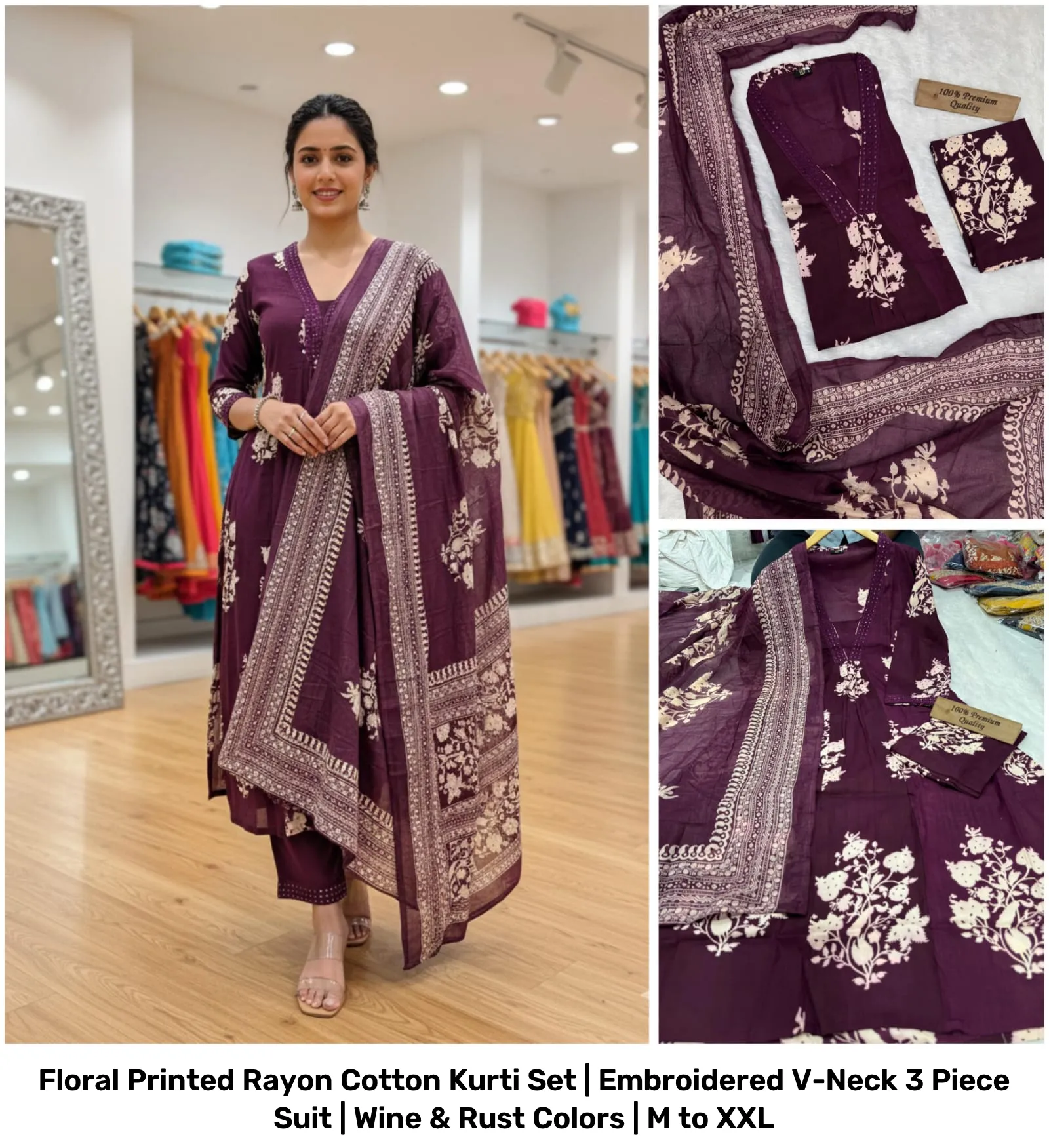 Floral Printed Rayon Cotton Kurti Set | Embroidered V-Neck 3 Piece Suit | Wine & Rust Colors | M to XXL 2