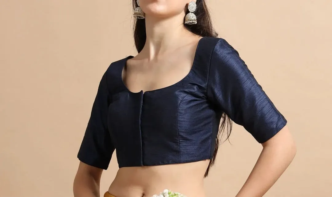 Front Open Readymade Silk Blouse – Elbow Sleeve Deep Scoop Back Neck with Dori for Saree & Lehenga 1