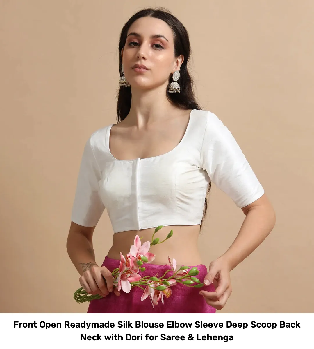 Front Open Readymade Silk Blouse – Elbow Sleeve Deep Scoop Back Neck with Dori for Saree & Lehenga 2