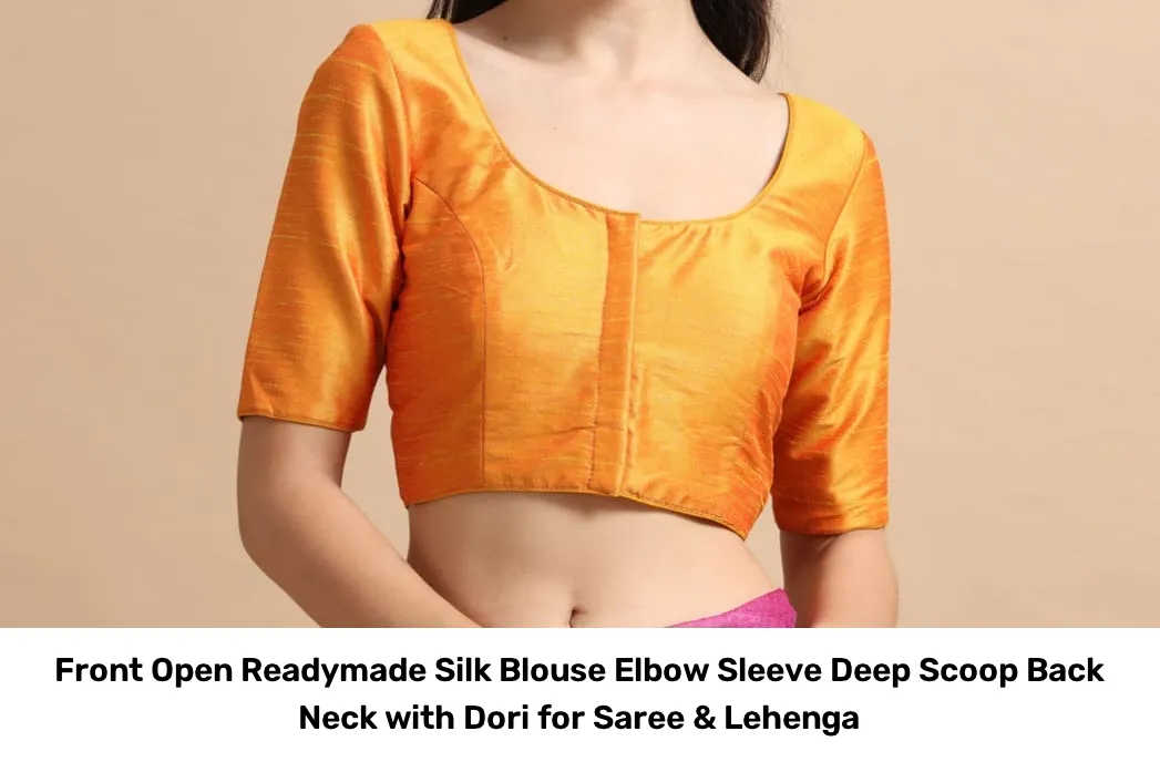 Front Open Readymade Silk Blouse – Elbow Sleeve Deep Scoop Back Neck with Dori for Saree & Lehenga 4
