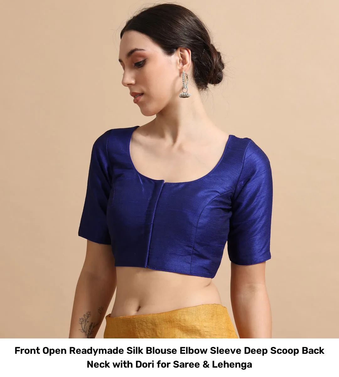 Front Open Readymade Silk Blouse – Elbow Sleeve Deep Scoop Back Neck with Dori for Saree & Lehenga 7