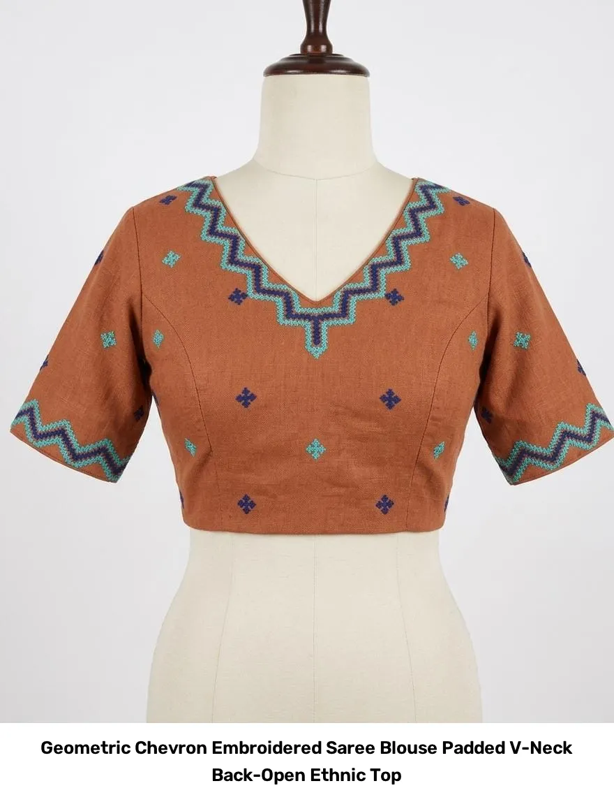 Geometric Chevron Embroidered Saree Blouse – Padded V-Neck Back-Open Ethnic Top 2