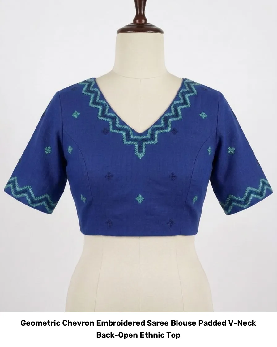 Geometric Chevron Embroidered Saree Blouse – Padded V-Neck Back-Open Ethnic Top 3