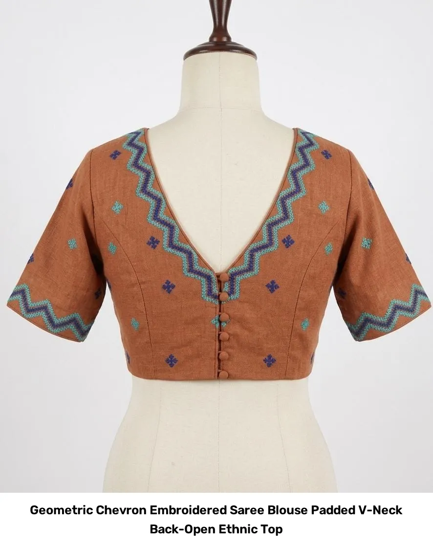 Geometric Chevron Embroidered Saree Blouse – Padded V-Neck Back-Open Ethnic Top 4