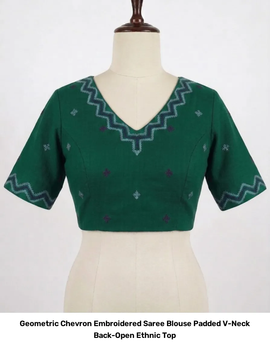 Geometric Chevron Embroidered Saree Blouse – Padded V-Neck Back-Open Ethnic Top 5
