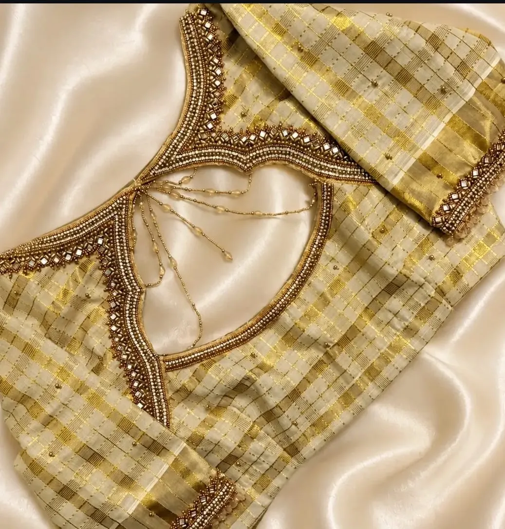Gold Checked Tissue Silk Blouse – Back Cutout & Bead Drops
