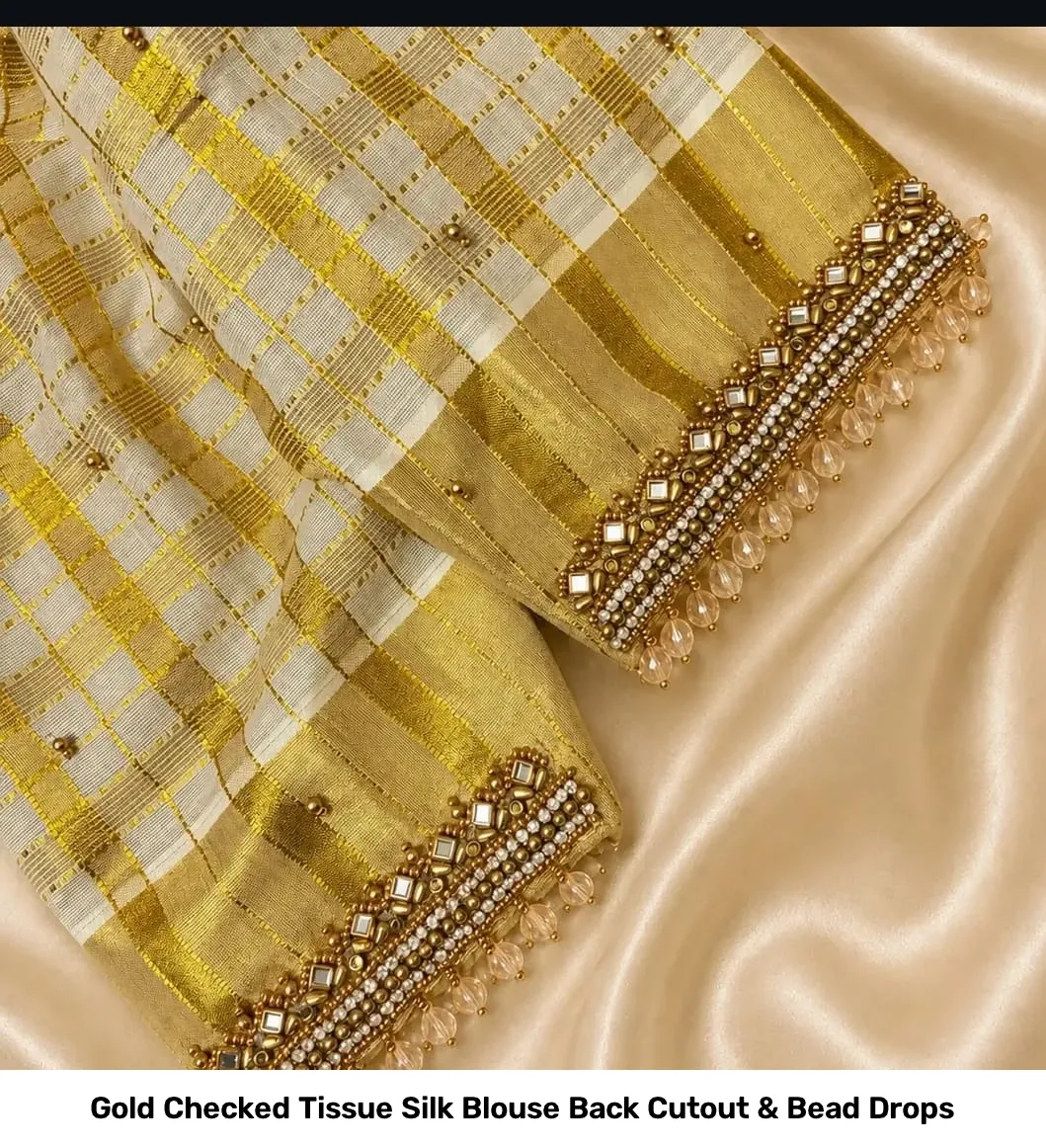 Gold Checked Tissue Silk Blouse – Back Cutout & Bead Drops 2