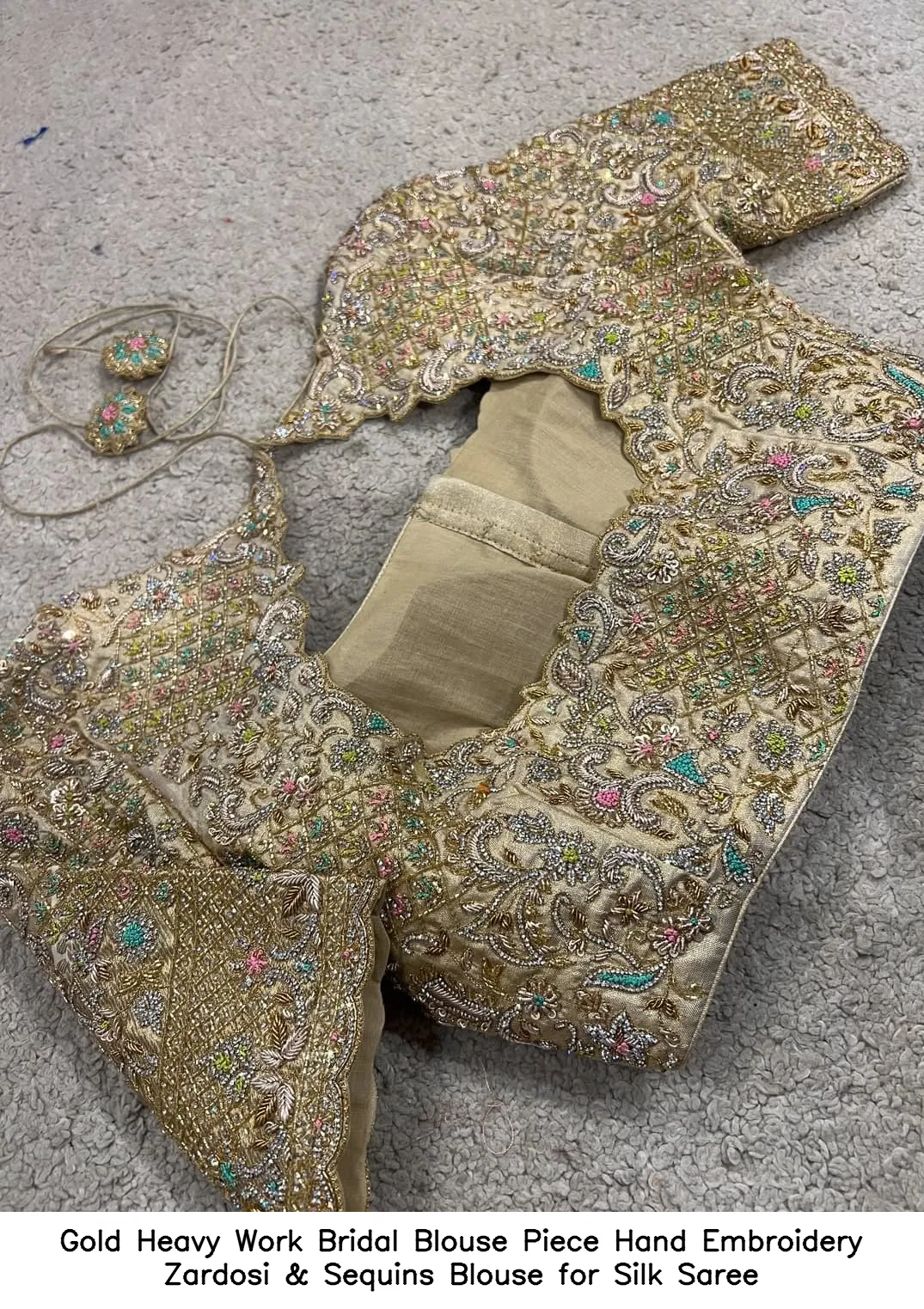 Gold Heavy Work Bridal Blouse Piece – Hand Embroidery Zardosi & Sequins Blouse for Silk Saree 2
