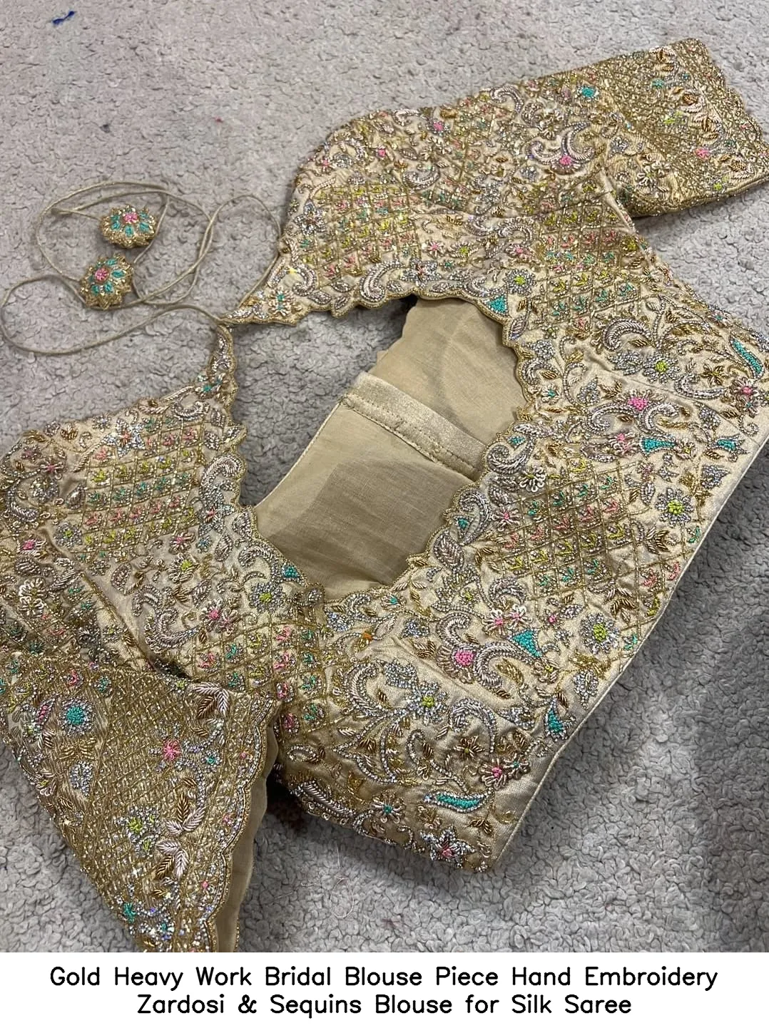 Gold Heavy Work Bridal Blouse Piece – Hand Embroidery Zardosi & Sequins Blouse for Silk Saree 3