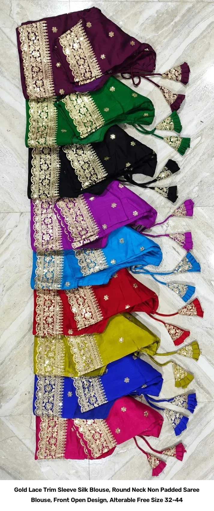 Gold Lace Trim Sleeve Silk Blouse, Round Neck Non Padded Saree Blouse, Front Open Design, Alterable Free Size 32-44 2