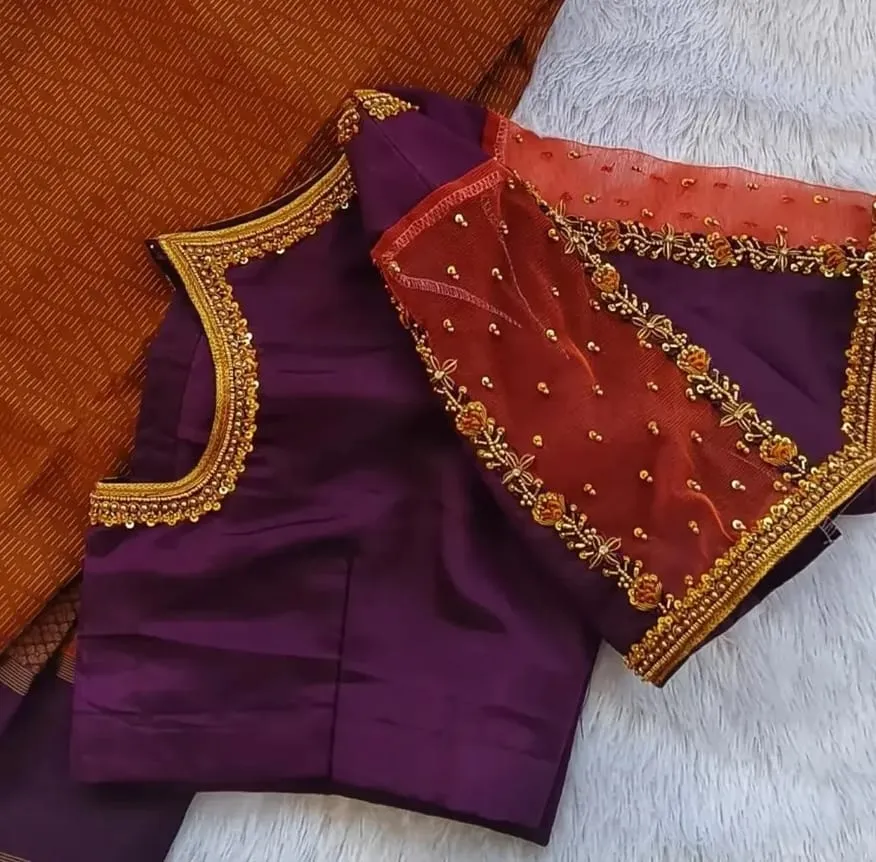 Gold Maggam Work Purple Blouse | Custom Bridal Silk Saree Blouse