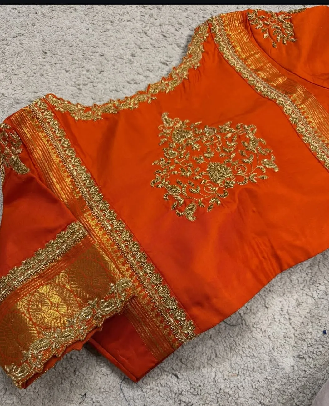 Gold Zardozi Embroidered Orange Silk Saree Blouse | Custom Bridal Maggam Blouse Online