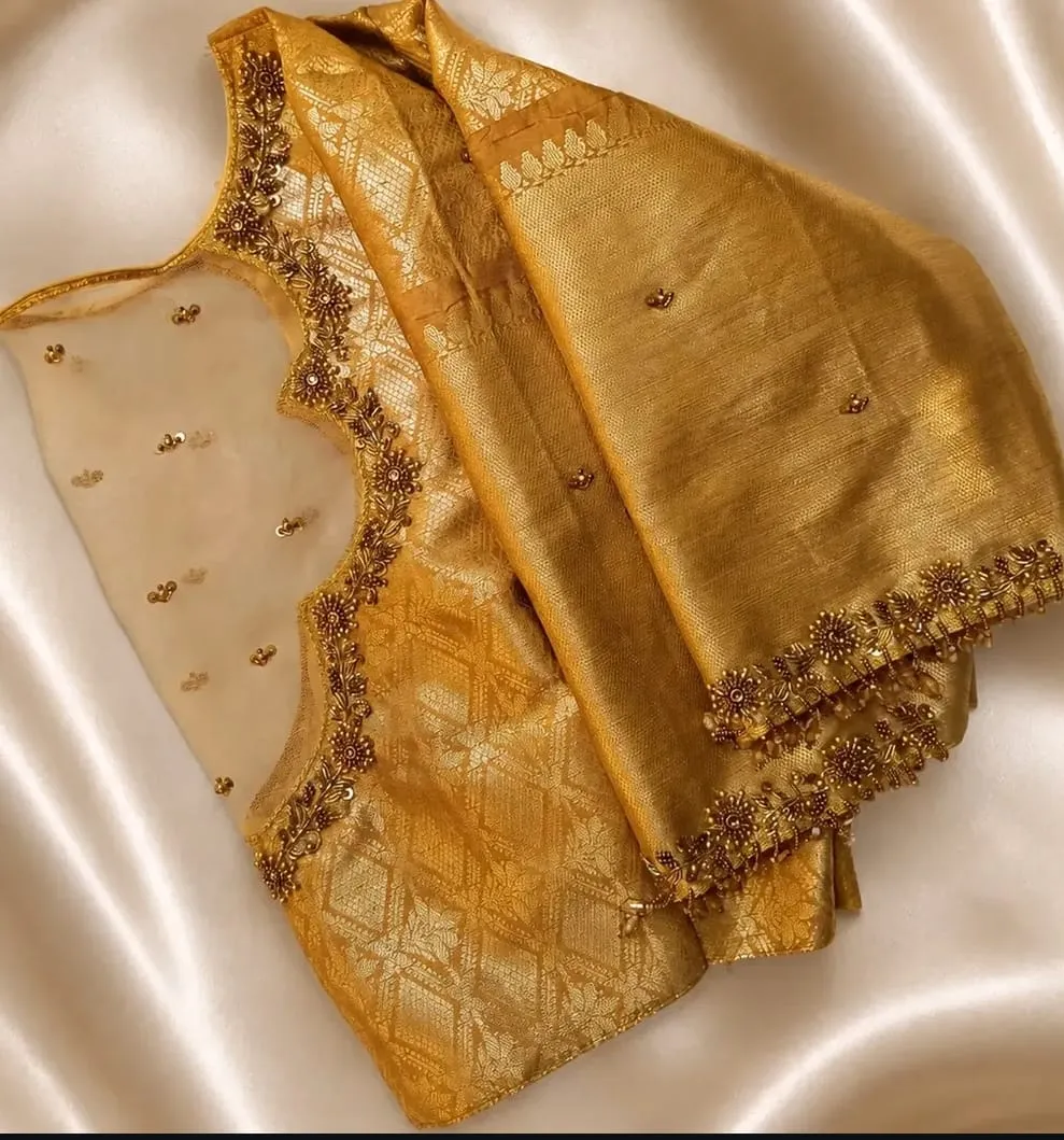 Golden Brocade Tissue Silk Blouse with Sheer Net Back | Hand Embroidered Antique Zardosi Saree Blouse 1