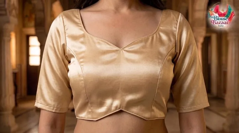 Golden Tissue Silk Readymade Saree Blouse with Sweetheart Neck & Teardrop Cutout Back | Elbow Sleeve Padded Choli for Saree & Lehenga