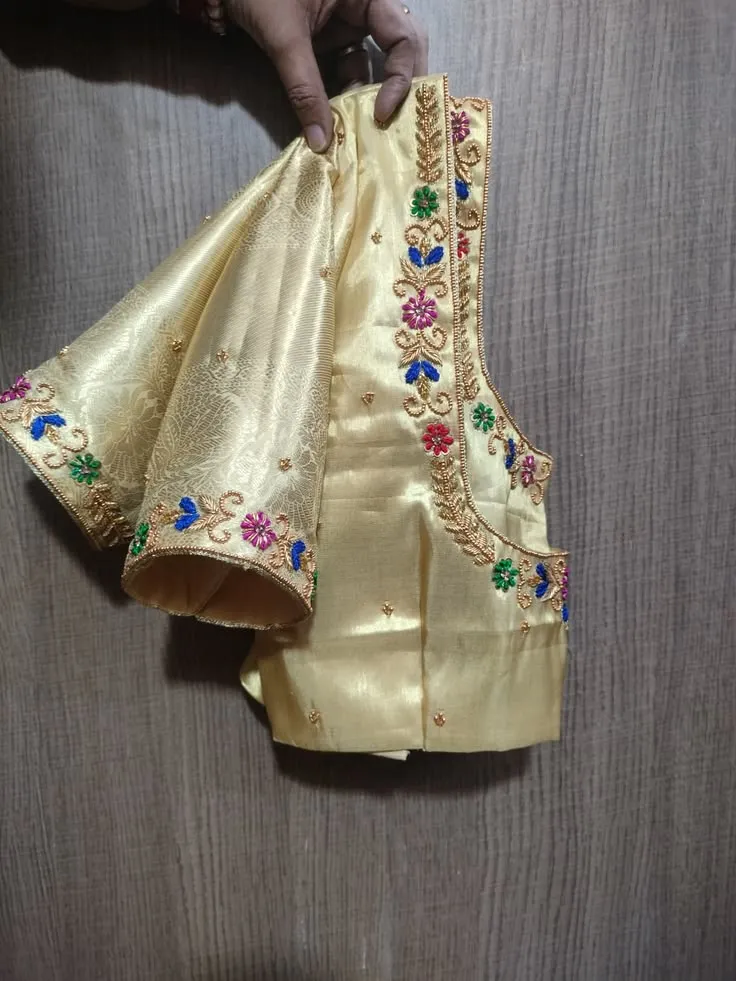 Golden Tissue Silk Saree Blouse with Multicolor Floral Hand Embroidery | Readymade Designer Bridal Blouse