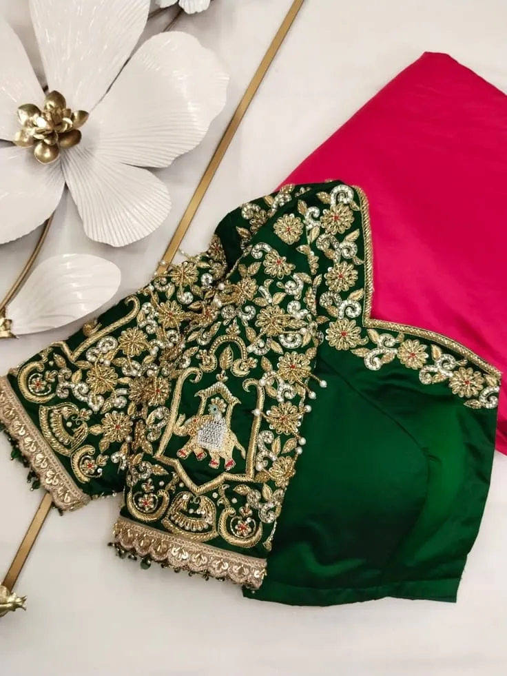 Grand Bridal Bottle Green & Pink Contrast Blouse with Elephant Aari Work & Green Crystal Tassels 1
