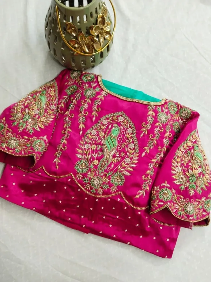 Grand Bridal Magenta Pink Blouse with Kili Parrot Embroidery, Pearl Bootis & Scalloped Back Neck 1