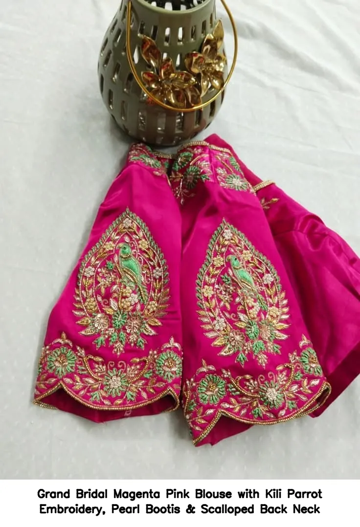 Grand Bridal Magenta Pink Blouse with Kili Parrot Embroidery, Pearl Bootis & Scalloped Back Neck 2
