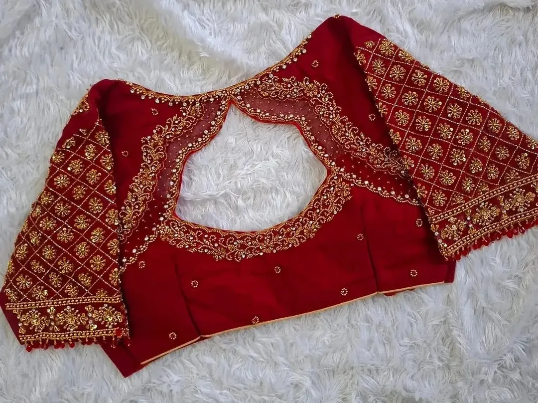 Grand Bridal Maroon Red Handwork Blouse with All-Over Gold Sequin Jaal Sleeves & Beaded Hanging Tassels 1