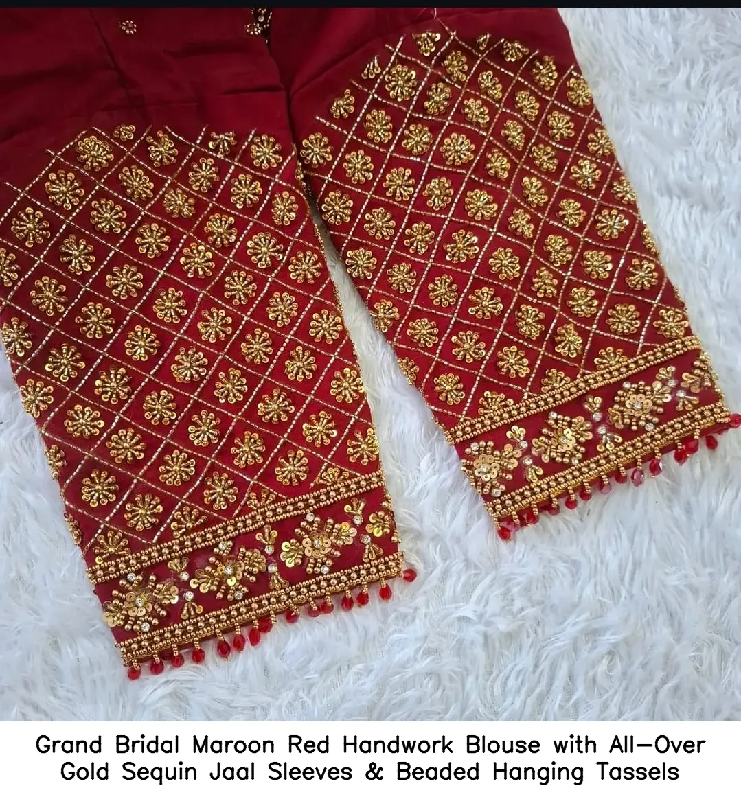 Grand Bridal Maroon Red Handwork Blouse with All-Over Gold Sequin Jaal Sleeves & Beaded Hanging Tassels 2