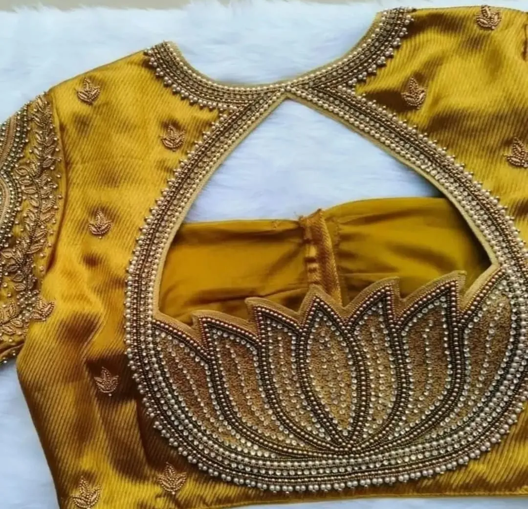 Grand Bridal Mustard Yellow Silk Blouse with Lotus Cut-Work Back, Mango Motif & Jhumka Embroidery 1