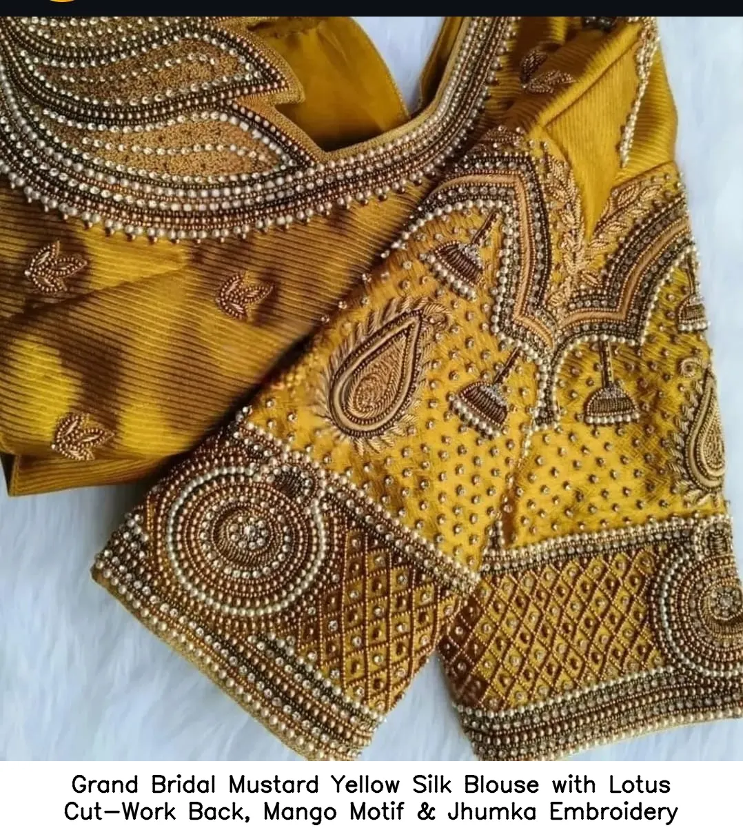 Grand Bridal Mustard Yellow Silk Blouse with Lotus Cut-Work Back, Mango Motif & Jhumka Embroidery 2