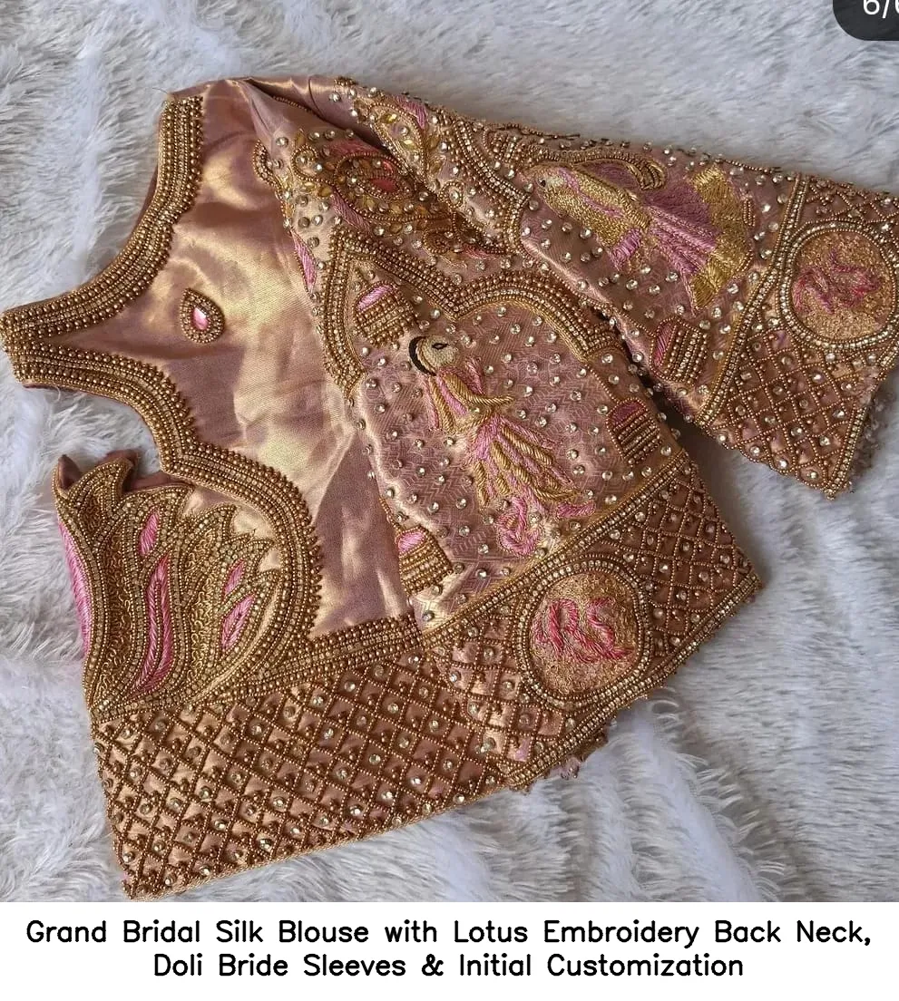 Grand Bridal Silk Blouse with Lotus Embroidery Back Neck, Doli Bride Sleeves & Initial Customization 4