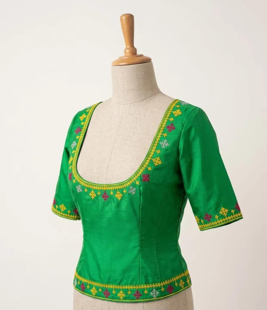 Green Raw Silk Readymade Blouse with Hand Embroidery | Deep U-Neck & Back Zip Detail
