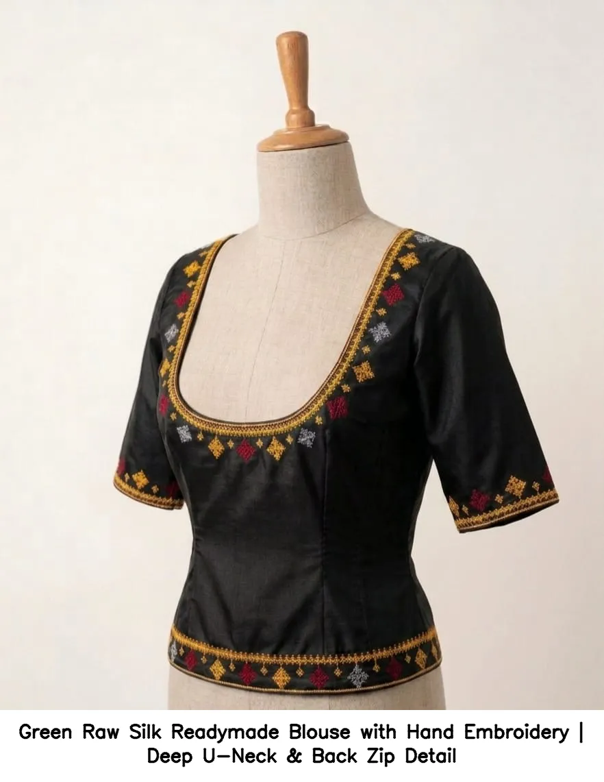 Green Raw Silk Readymade Blouse with Hand Embroidery | Deep U-Neck & Back Zip Detail 2