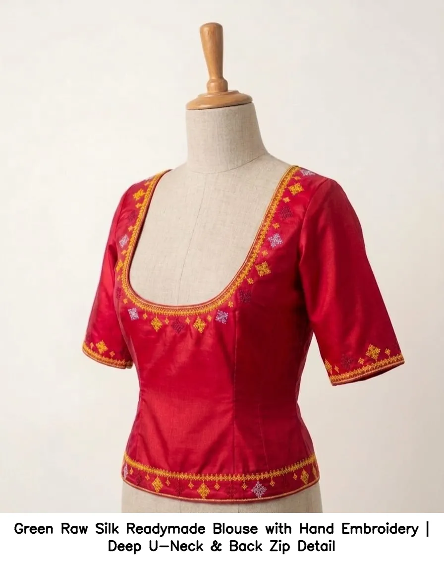 Green Raw Silk Readymade Blouse with Hand Embroidery | Deep U-Neck & Back Zip Detail 3