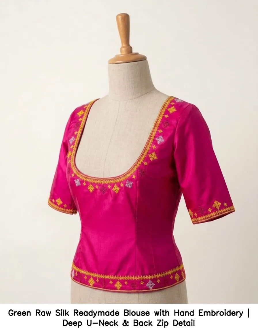 Green Raw Silk Readymade Blouse with Hand Embroidery | Deep U-Neck & Back Zip Detail 4