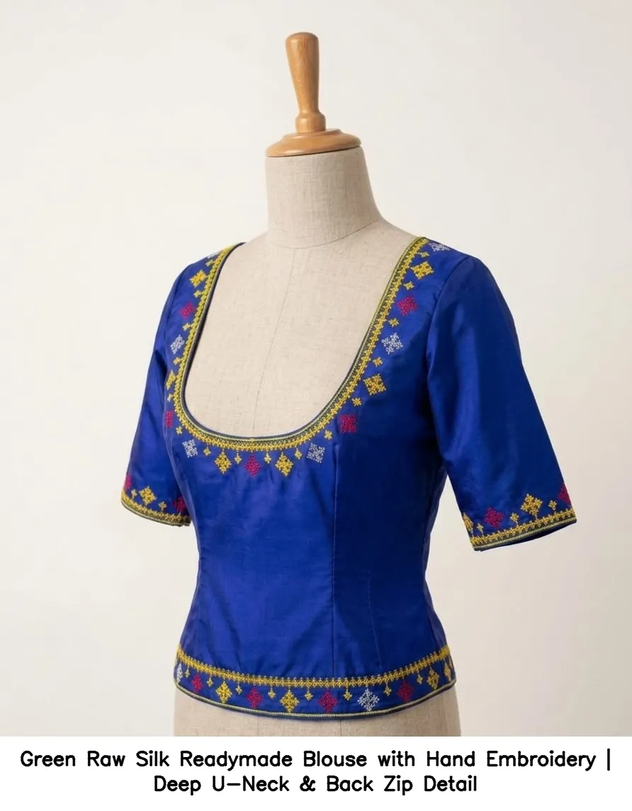 Green Raw Silk Readymade Blouse with Hand Embroidery | Deep U-Neck & Back Zip Detail 5