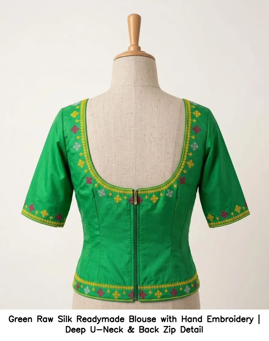 Green Raw Silk Readymade Blouse with Hand Embroidery | Deep U-Neck & Back Zip Detail 6