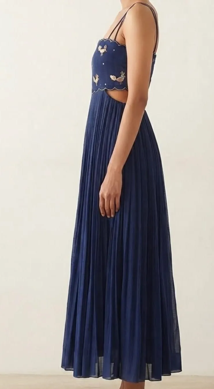 Hand-Embroidered Bird Motif Pleated Maxi Dress - Blue & Green
