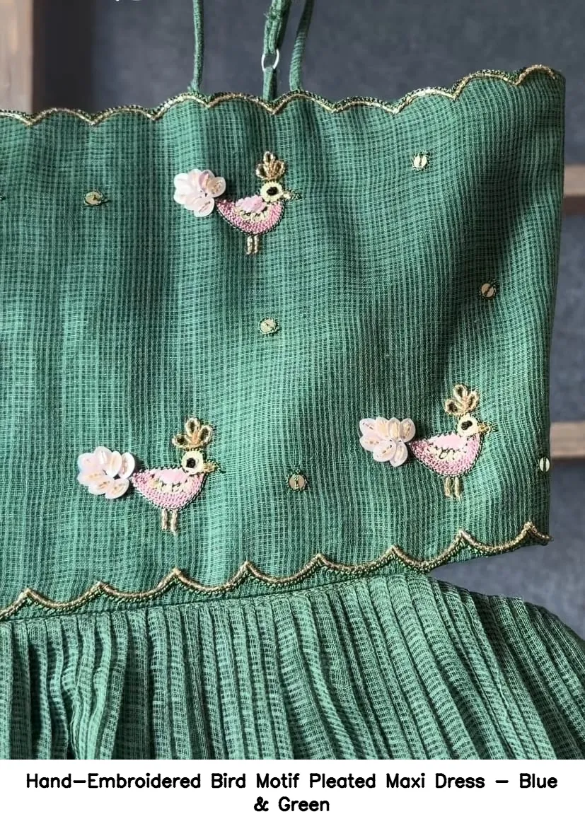 Hand-Embroidered Bird Motif Pleated Maxi Dress - Blue & Green 3
