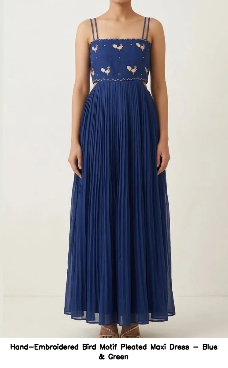 Hand-Embroidered Bird Motif Pleated Maxi Dress - Blue & Green 4