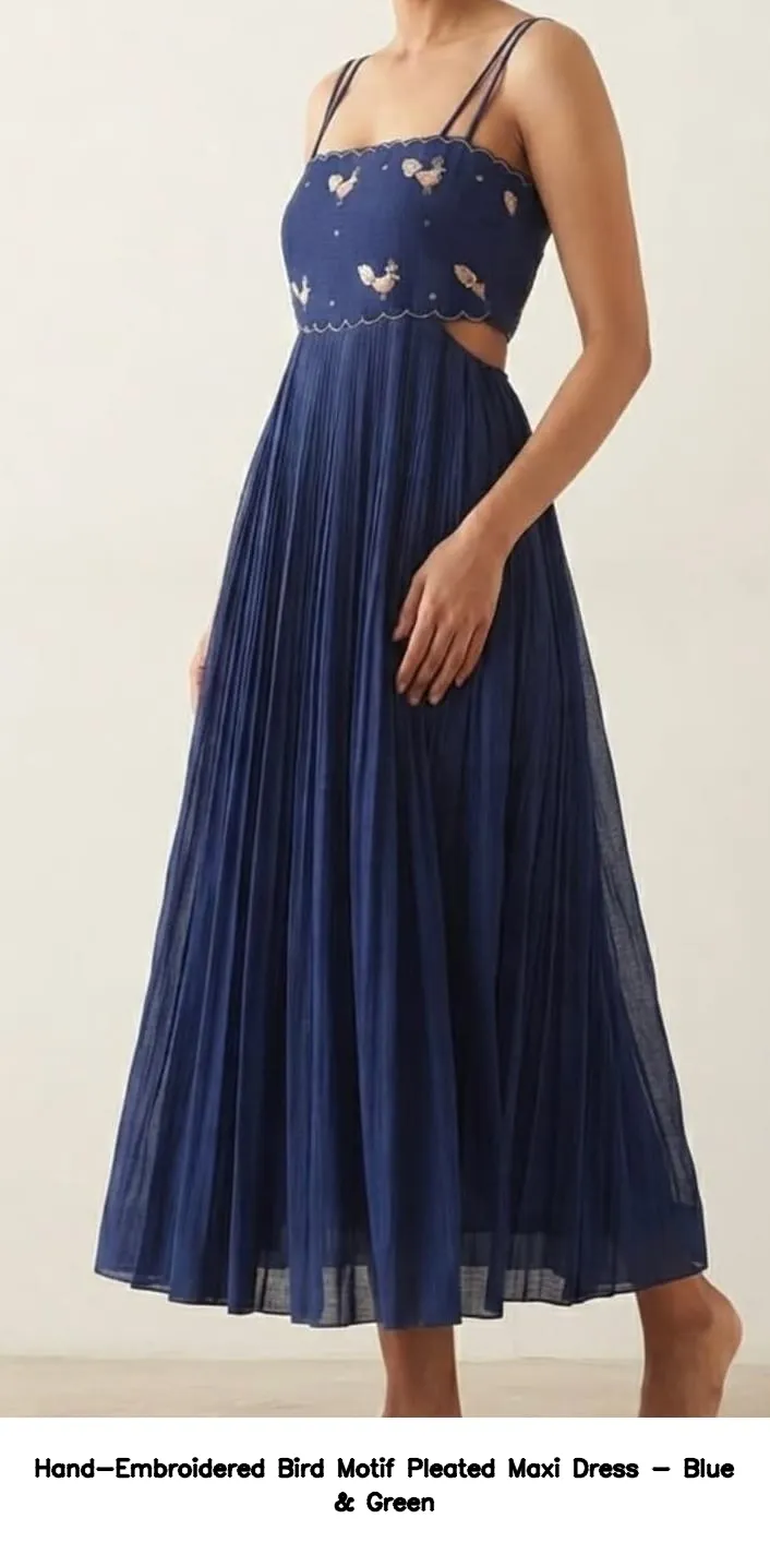 Hand-Embroidered Bird Motif Pleated Maxi Dress - Blue & Green 5