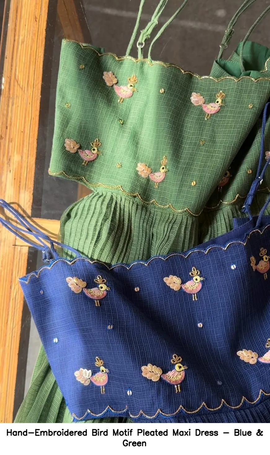 Hand-Embroidered Bird Motif Pleated Maxi Dress - Blue & Green 6