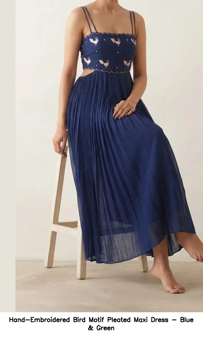 Hand-Embroidered Bird Motif Pleated Maxi Dress - Blue & Green 7