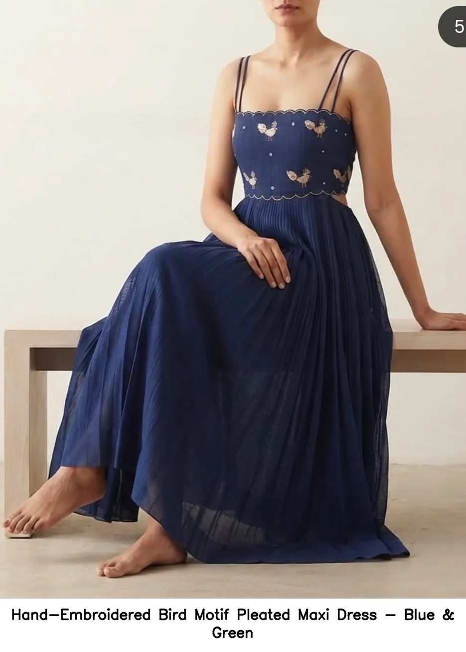 Hand-Embroidered Bird Motif Pleated Maxi Dress - Blue & Green 8