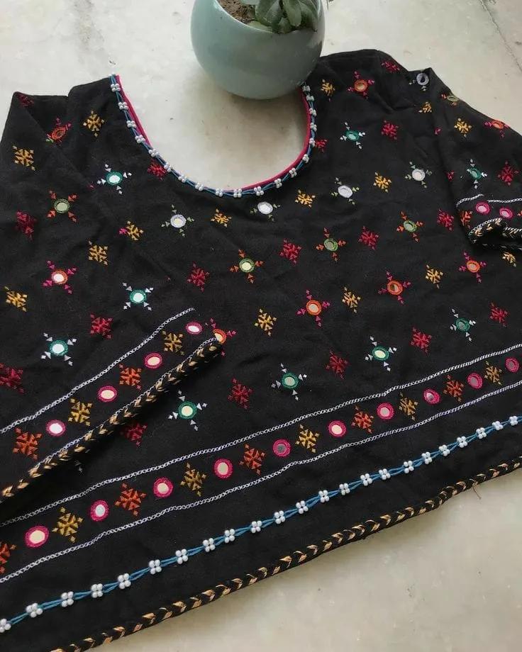 Hand Embroidered Black Mirror Work Saree Blouse | Kutchi Gujarati Thread Work Readymade Cotton Blouse
