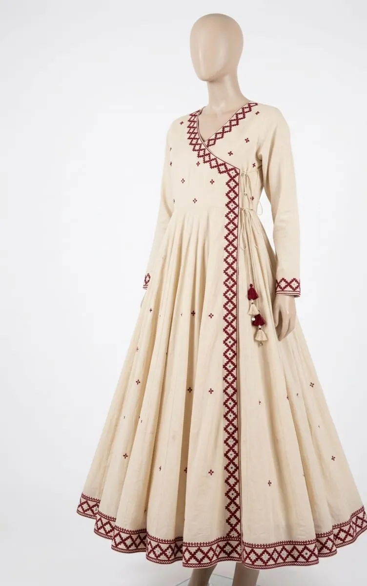 Hand Embroidered Cotton Angrakha Anarkali Dress | Designer Ethnic Frock Online