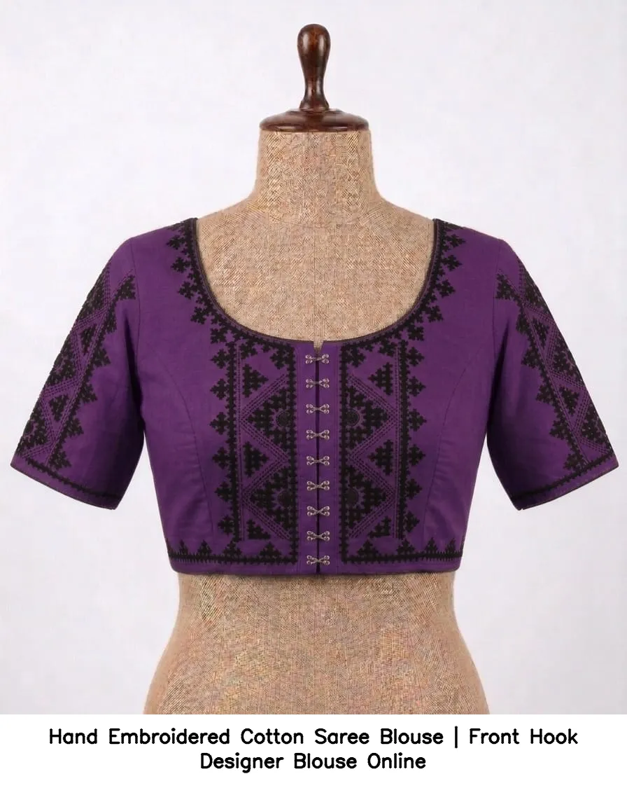 Hand Embroidered Cotton Saree Blouse | Front Hook Designer Blouse Online 3