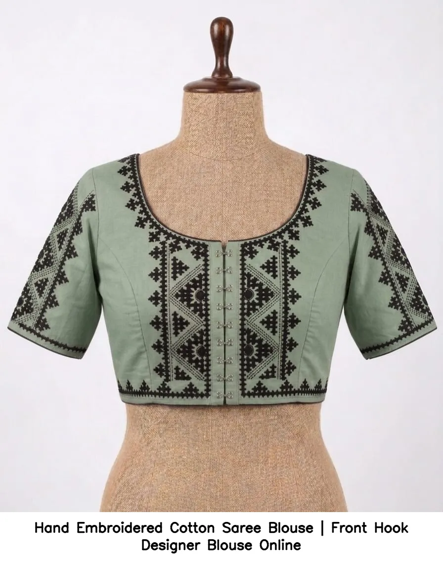 Hand Embroidered Cotton Saree Blouse | Front Hook Designer Blouse Online 4