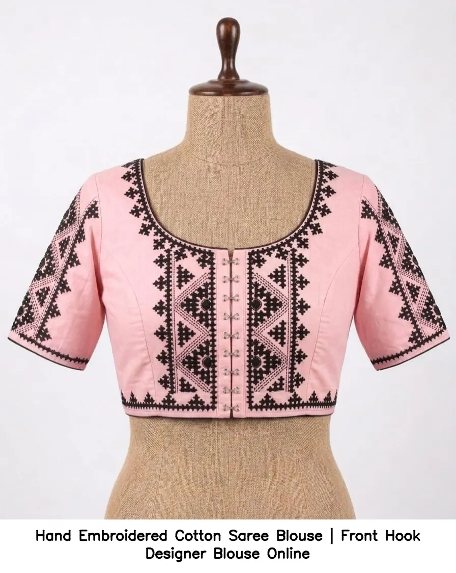 Hand Embroidered Cotton Saree Blouse | Front Hook Designer Blouse Online 5