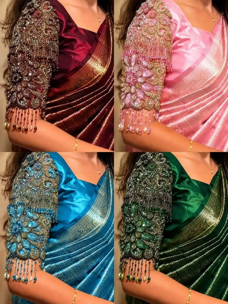 Hand Embroidered Crystal Stone Silk Blouse, Readymade Aari Work Bridal Choli with Pearl Droplet Fringe Sleeves, Custom Wedding Saree Blouse