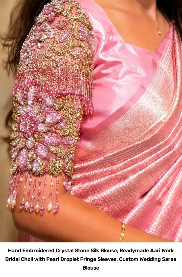 Hand Embroidered Crystal Stone Silk Blouse, Readymade Aari Work Bridal Choli with Pearl Droplet Fringe Sleeves, Custom Wedding Saree Blouse 2